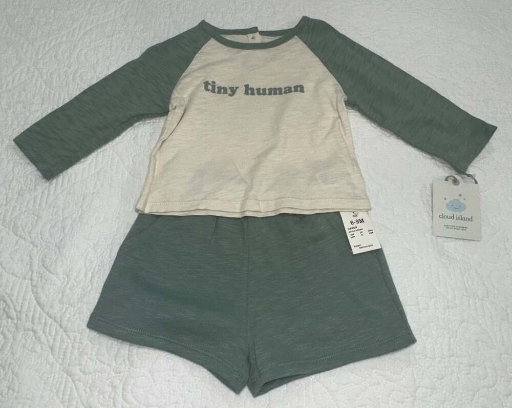 NWT Cloud Island Tiny Human Outfit Set Size 6-9M Green Raglan Tee